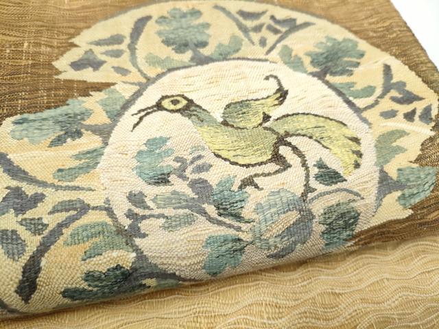 平和屋着物●太鼓柄袋帯　すくい織　絵皿花鳥文　金糸　正絹　逸品　CABN2727hy