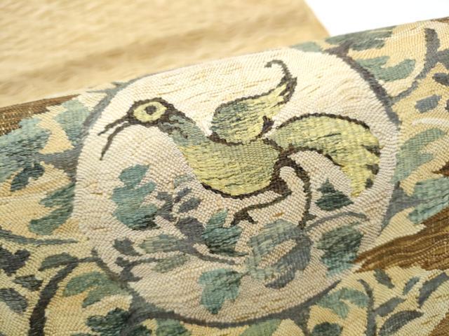 平和屋着物●太鼓柄袋帯　すくい織　絵皿花鳥文　金糸　正絹　逸品　CABN2727hy