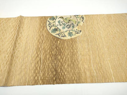平和屋着物●太鼓柄袋帯　すくい織　絵皿花鳥文　金糸　正絹　逸品　CABN2727hy