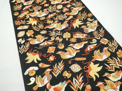 平和屋着物●西陣の名門　本家加納　六通柄袋帯　唐織　鴛鴦宝尽くし文　黒地　金糸　正絹　逸品　CABN2737hy