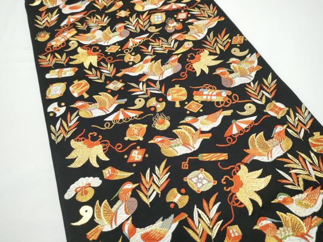 平和屋着物●西陣の名門　本家加納　六通柄袋帯　唐織　鴛鴦宝尽くし文　黒地　金糸　正絹　逸品　CABN2737hy