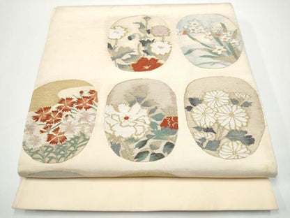 平和屋着物●太鼓柄袋帯　すくい織　草花丸文　金糸　正絹　逸品　CABN2746hy