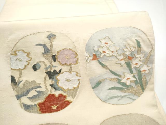 平和屋着物●太鼓柄袋帯　すくい織　草花丸文　金糸　正絹　逸品　CABN2746hy