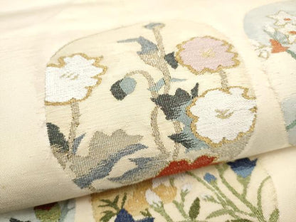 平和屋着物●太鼓柄袋帯　すくい織　草花丸文　金糸　正絹　逸品　CABN2746hy