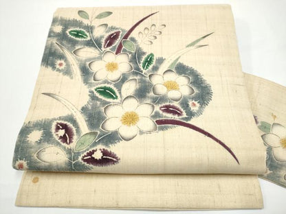 平和屋着物●九寸名古屋帯　紬地　枝花文　正絹　逸品　CABN2781hy