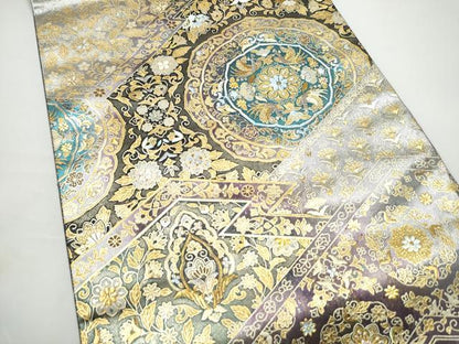 平和屋着物●玉虫金彩　加藤信和　西陣　京藝謹製　六通柄袋帯　螺旋　絵皿花鳥文　金彩　共箱・証紙付き　正絹　逸品　未使用　CABN2795hy