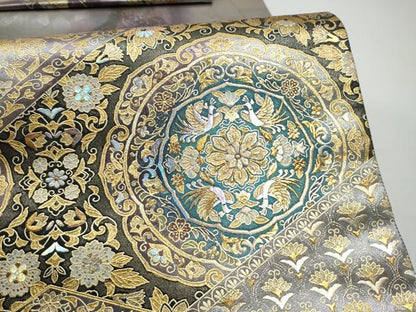 平和屋着物●玉虫金彩　加藤信和　西陣　京藝謹製　六通柄袋帯　螺旋　絵皿花鳥文　金彩　共箱・証紙付き　正絹　逸品　未使用　CABN2795hy