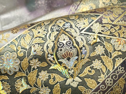 平和屋着物●玉虫金彩　加藤信和　西陣　京藝謹製　六通柄袋帯　螺旋　絵皿花鳥文　金彩　共箱・証紙付き　正絹　逸品　未使用　CABN2795hy