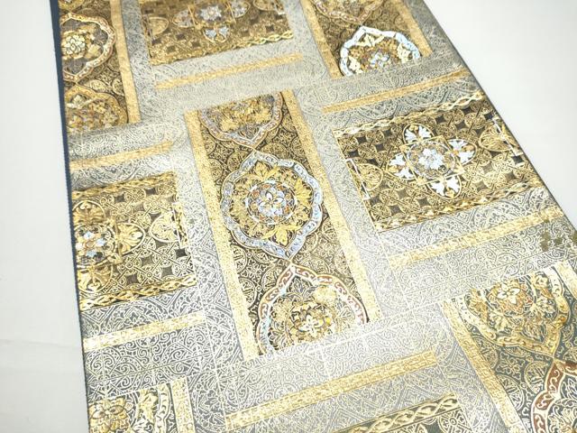 平和屋着物●玉虫金彩　加藤信和　西陣　京藝謹製　六通柄袋帯　螺旋　幾何学花文　金彩　共箱・証紙付き　正絹　逸品　未使用　CABN2798hy