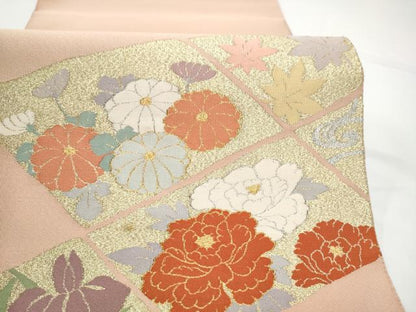 平和屋着物●名門　浅田綴　爪掻き本綴れ　八寸名古屋帯　菱取菊牡丹文　金糸　共箱・品質保証書付き　正絹　逸品　CABN2800hy