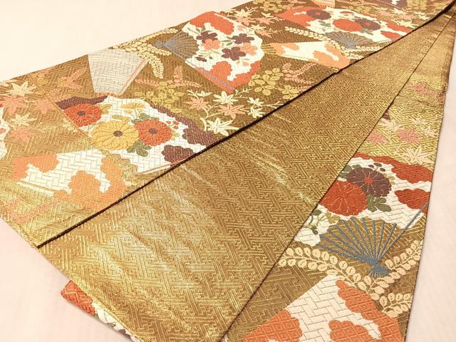 平和屋着物●佐賀錦　西陣　河合美術織物謹製　六通柄袋帯　唐織　扇面花文　金糸　正絹　逸品　CABN2826vp