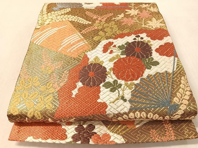 平和屋着物●佐賀錦　西陣　河合美術織物謹製　六通柄袋帯　唐織　扇面花文　金糸　正絹　逸品　CABN2826vp
