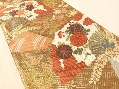 平和屋着物●佐賀錦　西陣　河合美術織物謹製　六通柄袋帯　唐織　扇面花文　金糸　正絹　逸品　CABN2826vp
