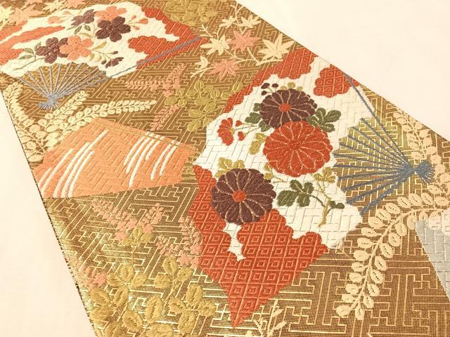平和屋着物●佐賀錦　西陣　河合美術織物謹製　六通柄袋帯　唐織　扇面花文　金糸　正絹　逸品　CABN2826vp