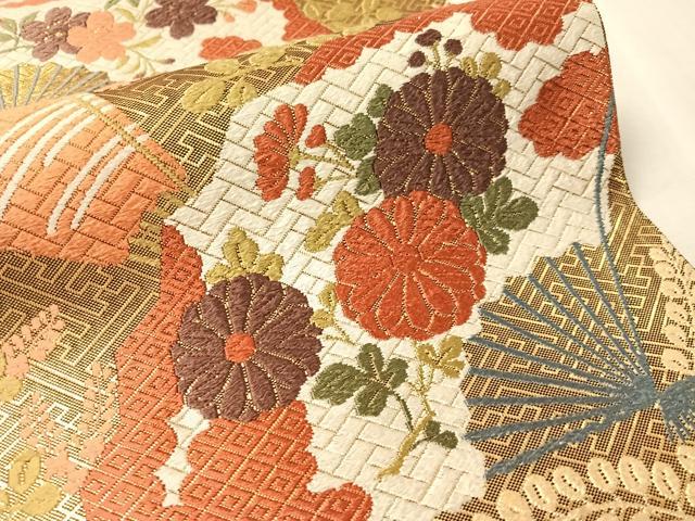 平和屋着物●佐賀錦　西陣　河合美術織物謹製　六通柄袋帯　唐織　扇面花文　金糸　正絹　逸品　CABN2826vp
