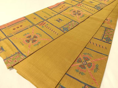 平和屋着物●六通柄　本袋帯　幾何学花文　正絹　逸品　未使用　CABN2835vp