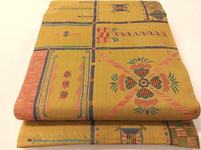 平和屋着物●六通柄　本袋帯　幾何学花文　正絹　逸品　未使用　CABN2835vp