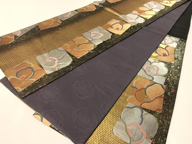 平和屋着物●染色作家　草野一騎　六通柄袋帯　色紙椿文　金銀糸　引箔　正絹　逸品　CABN2854vp
