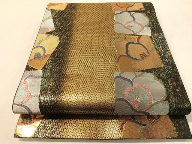 平和屋着物●染色作家　草野一騎　六通柄袋帯　色紙椿文　金銀糸　引箔　正絹　逸品　CABN2854vp