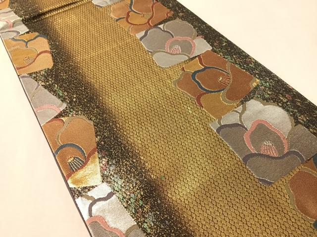 平和屋着物●染色作家　草野一騎　六通柄袋帯　色紙椿文　金銀糸　引箔　正絹　逸品　CABN2854vp