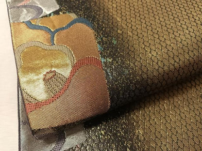 平和屋着物●染色作家　草野一騎　六通柄袋帯　色紙椿文　金銀糸　引箔　正絹　逸品　CABN2854vp