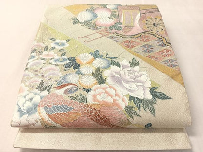 平和屋着物●太鼓柄袋帯　綴れ　御所車花鳥文　金銀彩　正絹　逸品　CABN2879vp