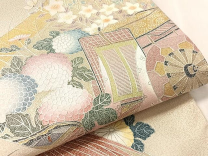 平和屋着物●太鼓柄袋帯　綴れ　御所車花鳥文　金銀彩　正絹　逸品　CABN2879vp
