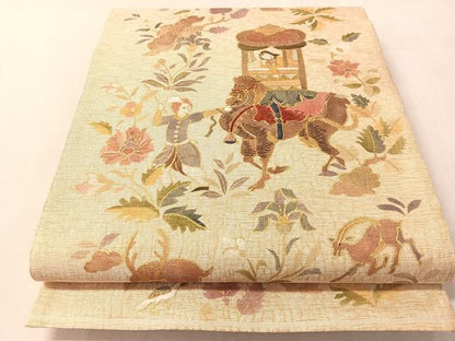 平和屋着物●太鼓柄袋帯　螺鈿　駒刺繍　人物風景文　金糸　正絹　逸品　未使用　CABN2882vp