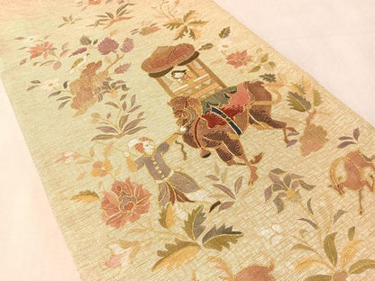 平和屋着物●太鼓柄袋帯　螺鈿　駒刺繍　人物風景文　金糸　正絹　逸品　未使用　CABN2882vp