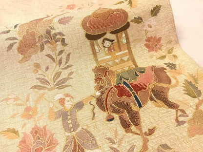 平和屋着物●太鼓柄袋帯　螺鈿　駒刺繍　人物風景文　金糸　正絹　逸品　未使用　CABN2882vp