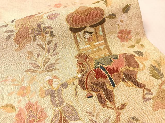平和屋着物●太鼓柄袋帯　螺鈿　駒刺繍　人物風景文　金糸　正絹　逸品　未使用　CABN2882vp