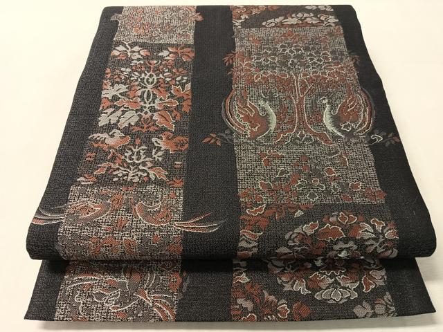平和屋着物●両面　六通柄袋帯　双鳥花間道　銀糸　正絹　逸品　未使用　CABN2901vp