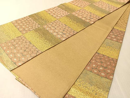 平和屋着物●六通柄袋帯　織音　市松花文　正絹　逸品　未使用　CABN2922vp