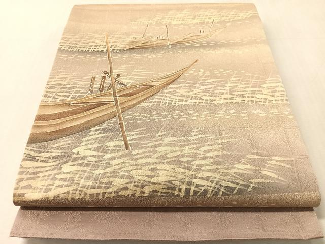 平和屋着物●本加賀友禅作家　毎田仁郎　太鼓柄袋帯　舟　金通し地　正絹　逸品　CABN2925vp