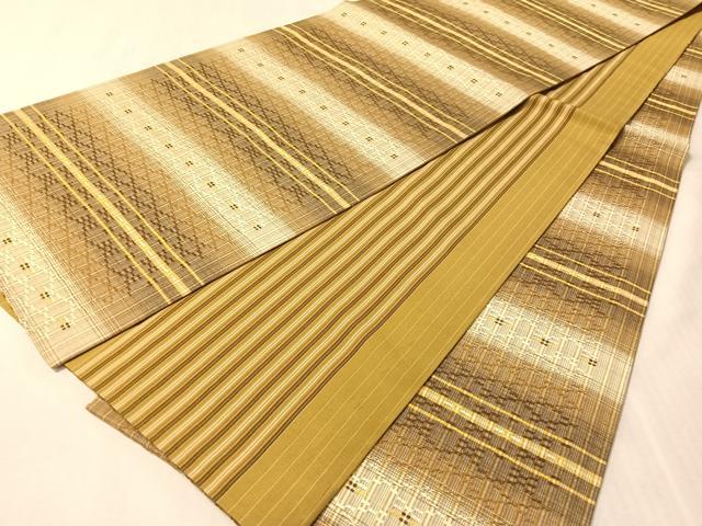平和屋着物●両面　全通柄袋帯　紬地　花織　横段文　正絹　逸品　未使用　CABN2927vp