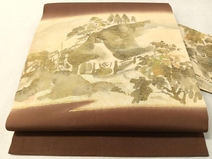 平和屋着物▼塩瀬　九寸袋帯　作家物　風景文　純金摺箔　正絹　逸品　CABN2994vp