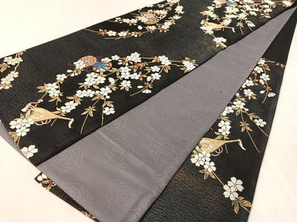 平和屋着物●染色作家　草野一騎　六通柄袋帯　唐織　枝垂れ桜楽器文　黒地　金糸　正絹　逸品　CABN3010vp