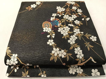 平和屋着物●染色作家　草野一騎　六通柄袋帯　唐織　枝垂れ桜楽器文　黒地　金糸　正絹　逸品　CABN3010vp