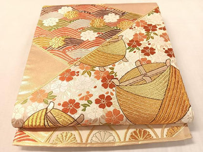 平和屋着物●西陣　河合美術織物謹製　六通柄袋帯　唐織　切嵌糸巻き花文　金糸　正絹　逸品　CABN3014vp