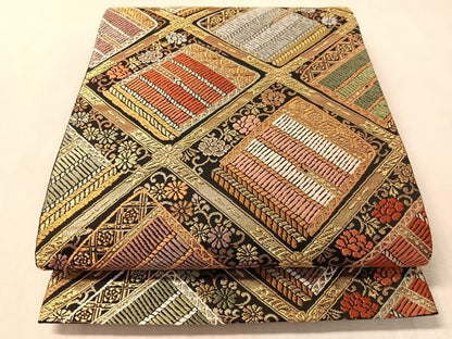 平和屋着物●六通柄袋帯　唐織　鎧縅　黒地　金糸　正絹　逸品　CABN3015vp