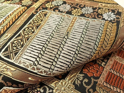 平和屋着物●六通柄袋帯　唐織　鎧縅　黒地　金糸　正絹　逸品　CABN3015vp