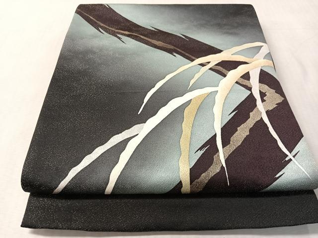 平和屋着物●太鼓柄袋帯　抽象文様　黒地　銀通し地　正絹　逸品　CABN3021vp