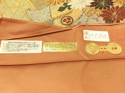 平和屋着物●西陣　老舗　渡文謹製　手織　六通柄袋帯　唐織　箔寿　几帳花文　金糸　証紙付き　正絹　逸品　未使用　CABN3037vp