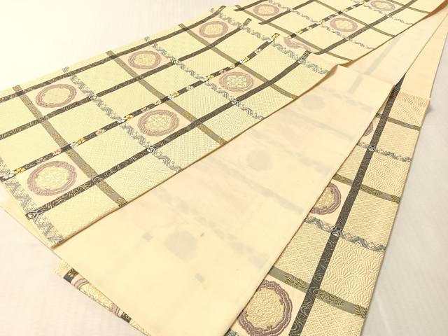 平和屋着物●六通柄袋帯　麗粋唐織　格子花文　金糸　正絹　逸品　未使用　CABN3040vp