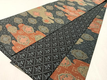平和屋着物●両面　全通柄袋帯　紹巴　名物裂紋様　金糸　正絹　逸品　CABN3041vp