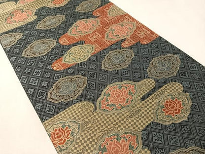 平和屋着物●両面　全通柄袋帯　紹巴　名物裂紋様　金糸　正絹　逸品　CABN3041vp