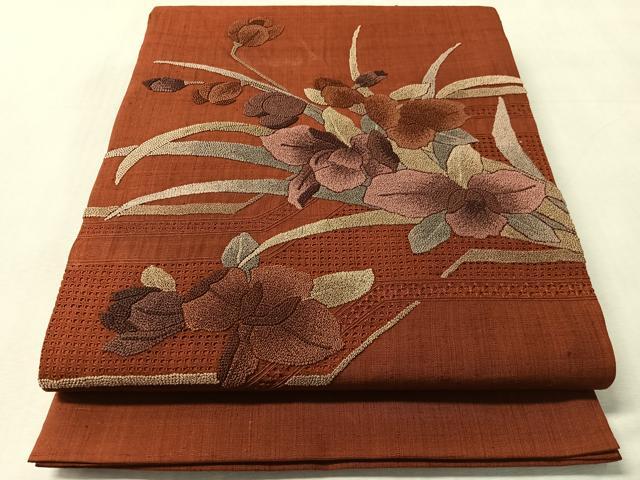 平和屋着物●中国三大刺繍　スワトウ相良刺繍　総刺繍　太鼓柄袋帯　紬地　カトレア　正絹　逸品　CABN3046vp
