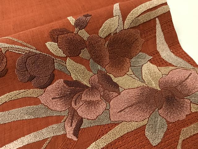 平和屋着物●中国三大刺繍　スワトウ相良刺繍　総刺繍　太鼓柄袋帯　紬地　カトレア　正絹　逸品　CABN3046vp