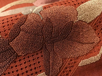 平和屋着物●中国三大刺繍　スワトウ相良刺繍　総刺繍　太鼓柄袋帯　紬地　カトレア　正絹　逸品　CABN3046vp