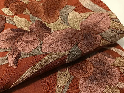 平和屋着物●中国三大刺繍　スワトウ相良刺繍　総刺繍　太鼓柄袋帯　紬地　カトレア　正絹　逸品　CABN3046vp